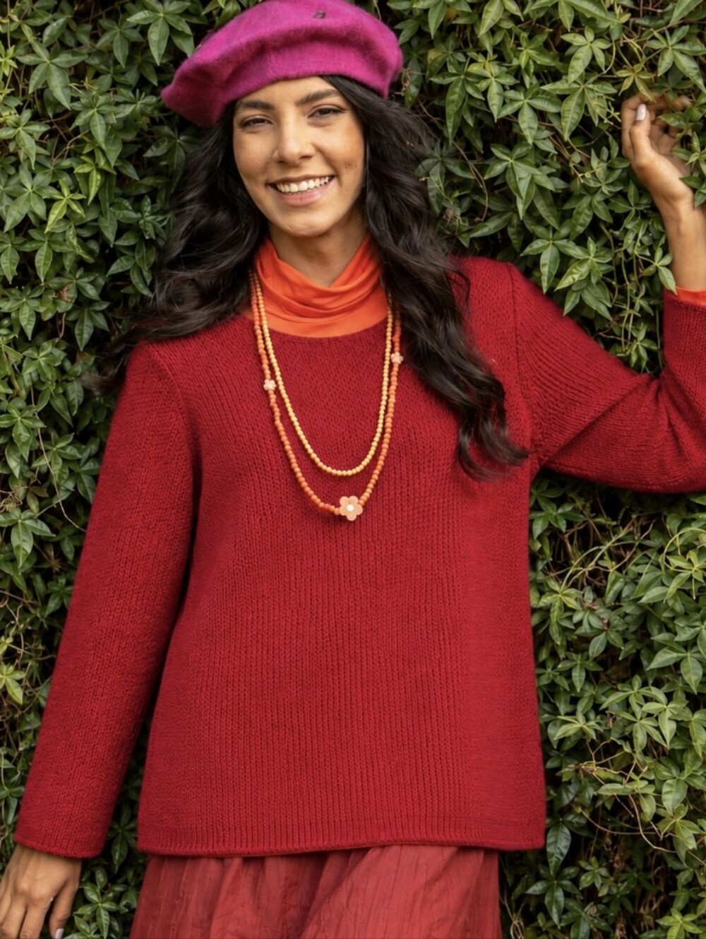 Gudrun Sjoden Red Cotton Oversized Sweater Textured Knit Lagenlook Women's Sz L